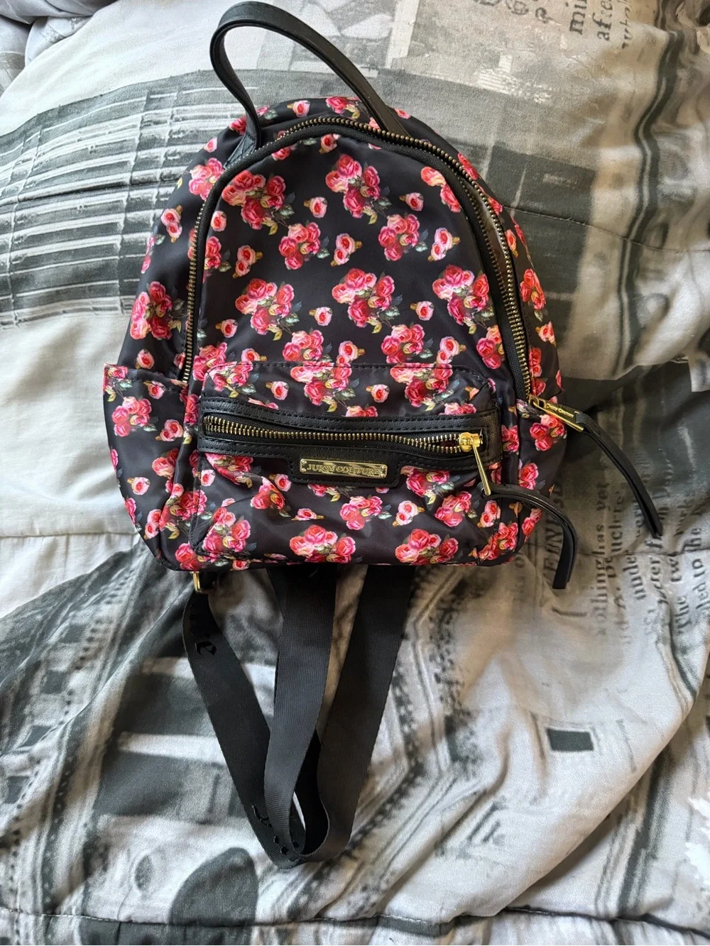 Juicy Couture Black Mini Backpack with Pink Rose Print